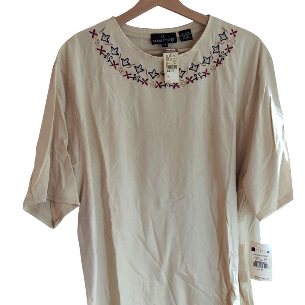 NWT Carole Little 2X Cream 100% Cotton T-Shirt with Embroidered Details [0079]